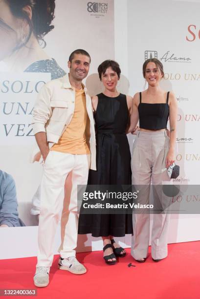 Alex Garcia, Ariadna Gil and Silvia Alonso attend "Solo una vez" premiere at Conde Duque cinema on June 07, 2021 in Madrid, Spain.