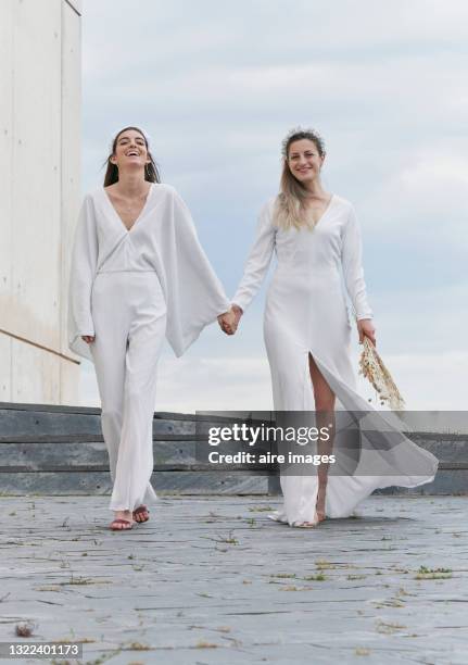 caucasian brides holding hands in a happy and smiling attitude. - gay marriage stockfoto's en -beelden