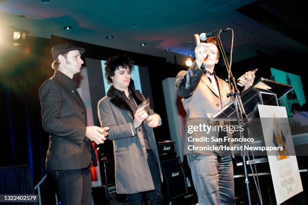Grammy21_085_ls.jpg Green Day Tre' Cool taps on the microphone as Green Day accepts their award at the San Francisco Chapter's 2006 Recording Academy...