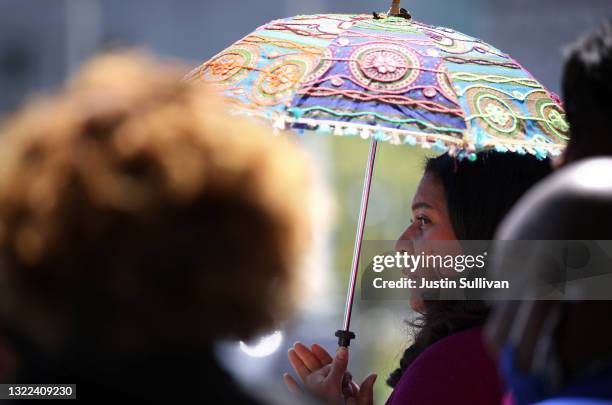 San Francisco Mayor London Breed looks on during a pride flag raising ceremony at San Francisco City Hall on June 07, 2021 in San Francisco,...