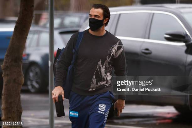 Cats head coach Chris Scott arrives ahead of a closed training session at Kardinia Park on June 08, 2021 in Geelong, Australia.