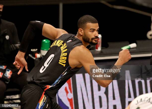 Timothe Luwawu-Cabarrot of the Brooklyn Nets celebrates his three in the fourth quarter against the Milwaukee Bucks during game two of the Eastern...