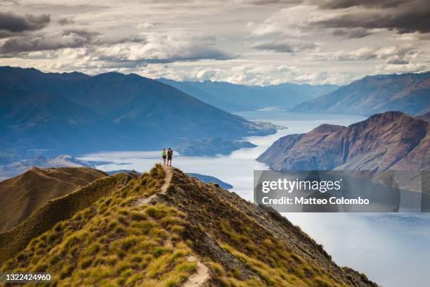 tourist couple looking at beautiful landscape, new zealand - adventure travel imagens e fotografias de stock