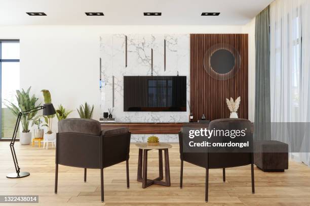 living room interior with tv set, armchairs and potted plants - smart tv living room stock pictures, royalty-free photos & images