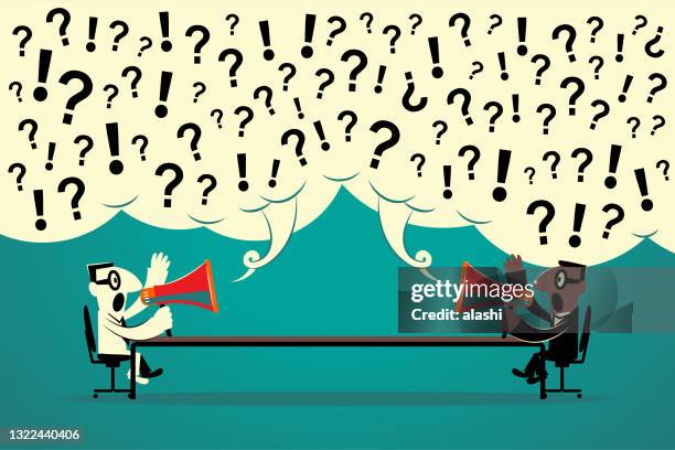 two businessmen with a megaphone sitting at the long conference table communicate with each other, speech bubble with question mark and exclamation point - long table stock illustrations