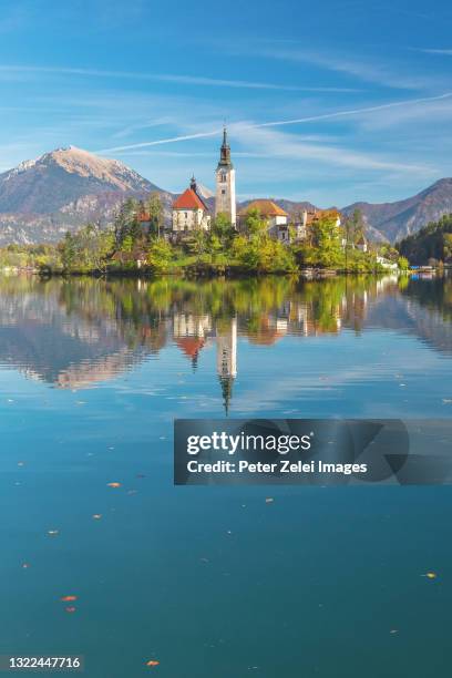 lake bled with the church dedicated to the assumption of mary, slovenia - lago di bled foto e immagini stock