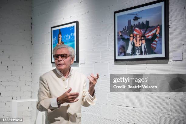 The photographer Jean-Daniel Lorieux explains a photograph of his exhibition "Blue Blue" at Gandia Blasco GalleryJune 07, 2021 in Madrid, Spain.