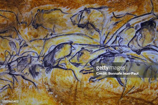 troupe de lionnes peintes sur les parois de la grotte chauvet-pont d'arc - chauvet cave painting stock pictures, royalty-free photos & images