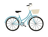 Vector illustration of blue city bicycle with a basket, isolated on white.