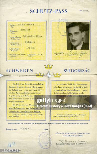 Schutzpass of Julius Heller issued by Raoul Wallenberg while acting as Sweden's special envoy in Budapest, 30 August 1944. Swedish protective...