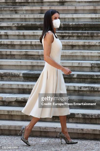 Queen Letizia on her arrival at the opening of the exhibition "Emilia Pardo Bazan. The challenge of modernity" at the National Library, on 8 June...