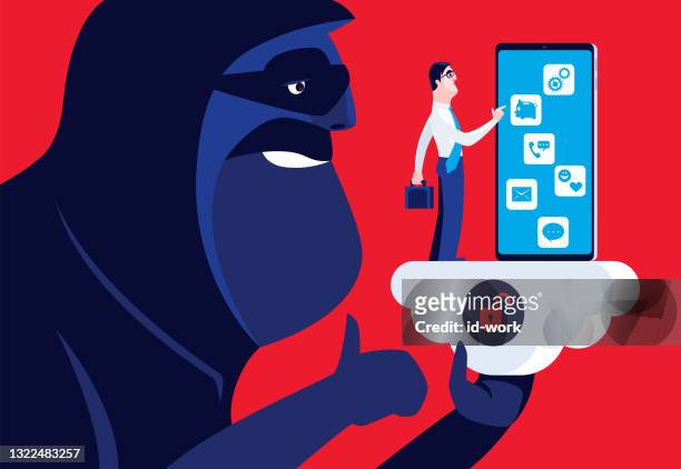 bildbanksillustrationer, clip art samt tecknat material och ikoner med hacker håller smartphone med osäker molnbaserad databehandling - spionprogram