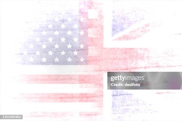 ein grunge-effekt horizontale vektor-illustration von verblassten usa (amerikaner) und england oder die great british flag union jack zusammen in weißen hintergründen - english-flag stock-grafiken, -clipart, -cartoons und -symbole