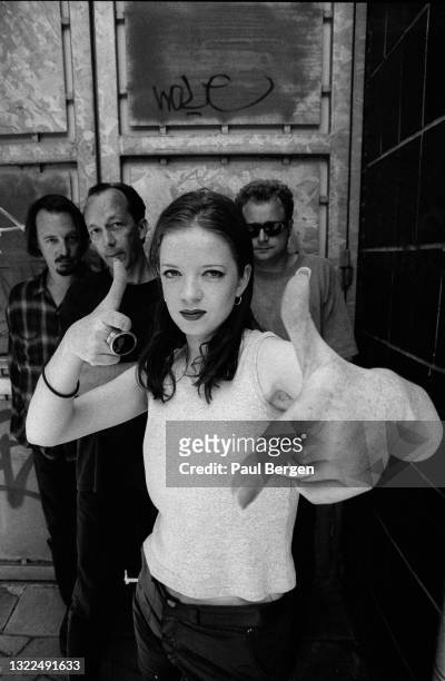 Portrait of American rock band Garbage with Scottish singer Shirley Manson and American musicians Duke Erikson , Steve Marker and Butch Vig ,...