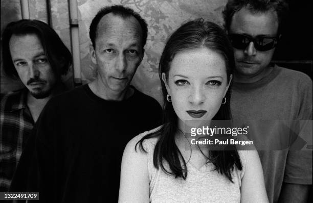 Portrait of American rock band Garbage with Scottish singer Shirley Manson and American musicians Duke Erikson , Steve Marker and Butch Vig ,...