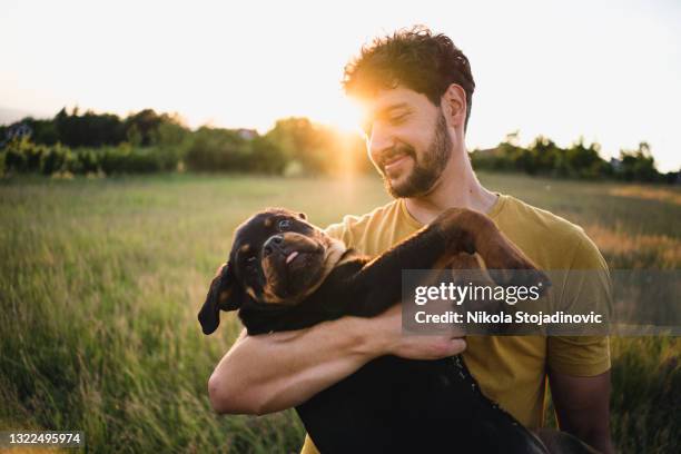 man holding a puppy dog - huisdiereigenaar stockfoto's en -beelden