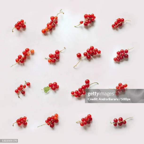 directly above shot of redcurrants on white background - grosella fotografías e imágenes de stock