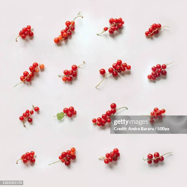 directly above shot of redcurrants on white background - rode bes stockfoto's en -beelden