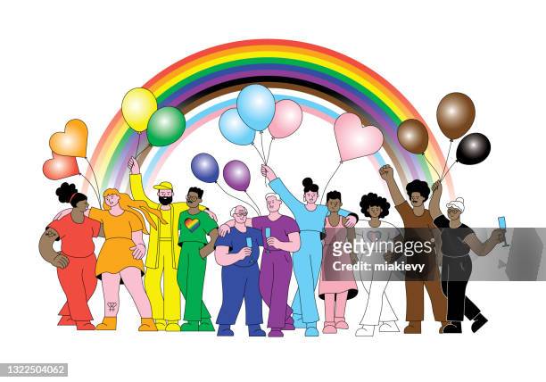 ilustraciones, imágenes clip art, dibujos animados e iconos de stock de desfile del orgullo del progreso inclusivo lgbtqia - lgbtqia pride event