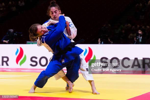 Sanne Verhagen of the Dutch Judo Federation, Nora Gjakova of the Kosovo Judo Federation during the World Judo Championships Hungary 2021 at Papp...