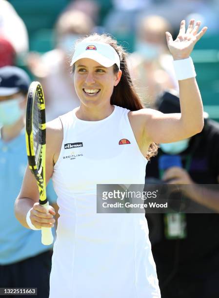 Johanna Konta of Great Britain celebrates after victory against Lesley Pattinama Kerkhove of the Netherlands during Day 4 of the Viking Nottingham...