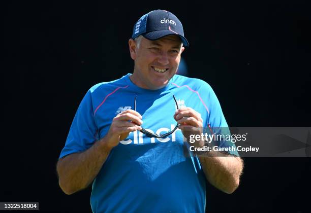 England coach Chris SIlverwood during a nets session at Edgbaston on June 08, 2021 in Birmingham, England.