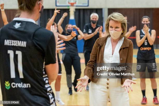 Queen Mathilde of Belgium visits the Belgian Cats in the Lange Munte sports campus on June 08, 2021 in Kortrijk, Belgium. The national women's...