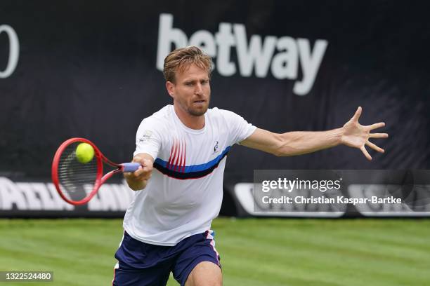 Peter Gojowczyk of Germany competes against Gregoire Barrere of France during day 2 of the MercedesCup at Tennisclub Weissenhof on June 08, 2021 in...