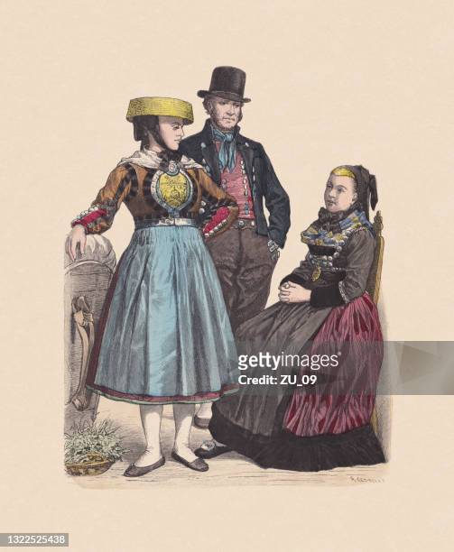19. jahrhundert, norddeutsche kostüme, handkolorierte holzgravur, veröffentlicht um 1880 - traditionelle kleidung stock-grafiken, -clipart, -cartoons und -symbole