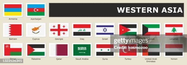 stockillustraties, clipart, cartoons en iconen met set vlag west-azië postzegel - saudi arabian flag