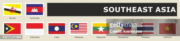 set flag southeast asia postage stamp - thai flag stock illustrations