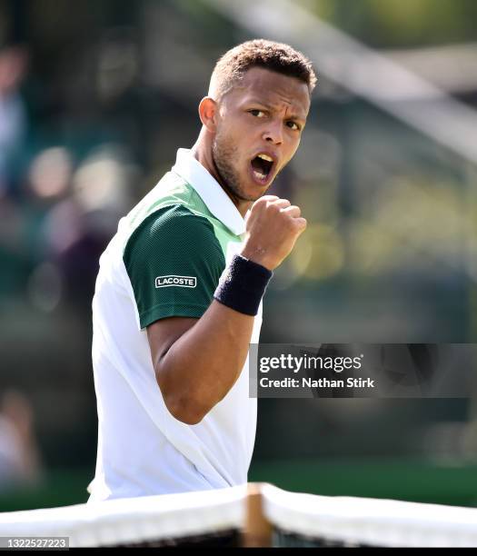 Jay Clarke of Great Britain celebrates after getting a point during Day 4 of the Viking Open match between Jay Clarke and Kevin Anderson at...