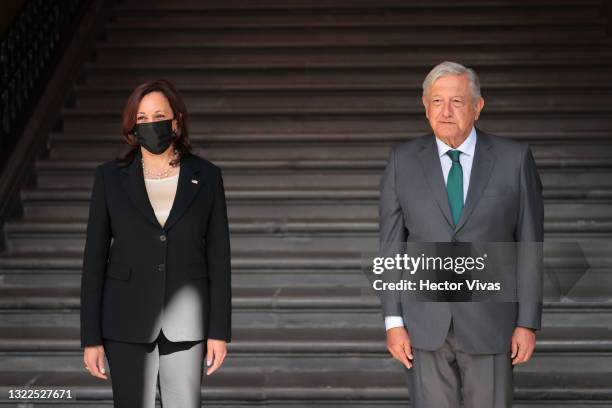 Andres Manuel Lopez Obrador President of Mexico and Kamala Harris Vice President of the US pose after the signing of a memorandum of understanding...