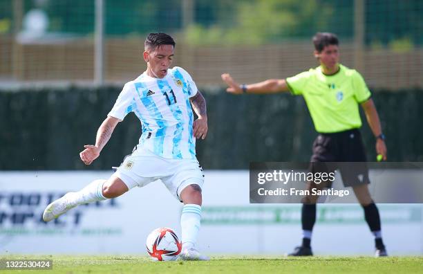 Ezequiel Barco of Argentina U23 celebrates scores a goal during a Friendly International Match between Denmark and Argentina on June 08, 2021 in...