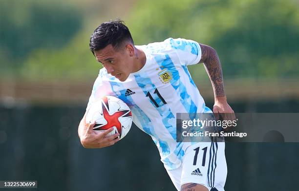 Ezequiel Barco of Argentina U23 celebrates scoring a goal during a Friendly International Match between Denmark and Argentina on June 08, 2021 in...
