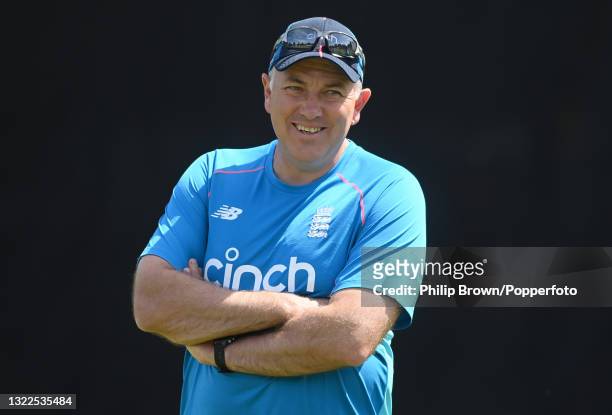 Chris Silverwood of England looks on during a training session before the 2nd LV= Test match between England and New Zealand at Edgbaston on June 08,...