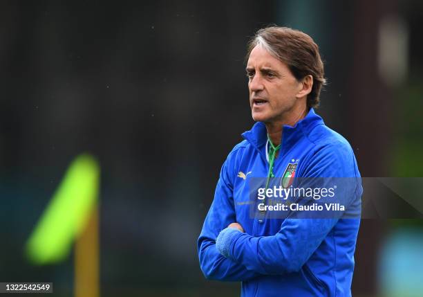 Head coach Italy Roberto Mancini reacts during a Italy training session at Centro Tecnico Federale di Coverciano on June 08, 2021 in Florence, Italy.