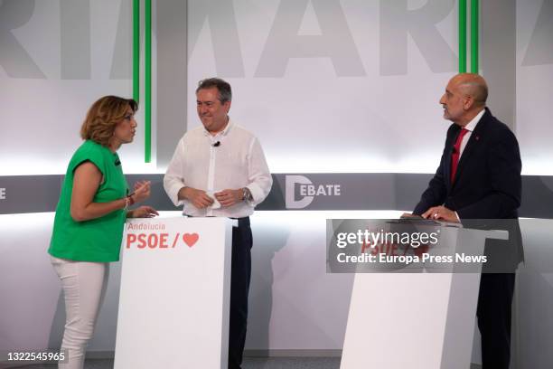 Susana Diaz , Juan Espadas and Luis Angel Hierro pose before the debate between the three candidates in the PSOE-A primaries on June 8, 2021 in...