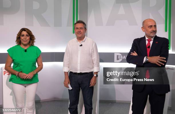 Susana Diaz , Juan Espadas and Luis Angel Hierro pose before the debate between the three candidates of the PSOE-A primaries on June 8, 2021 in...