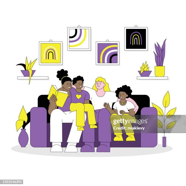 nicht binäre familie lgbtqia konzept - familie sofa stock-grafiken, -clipart, -cartoons und -symbole