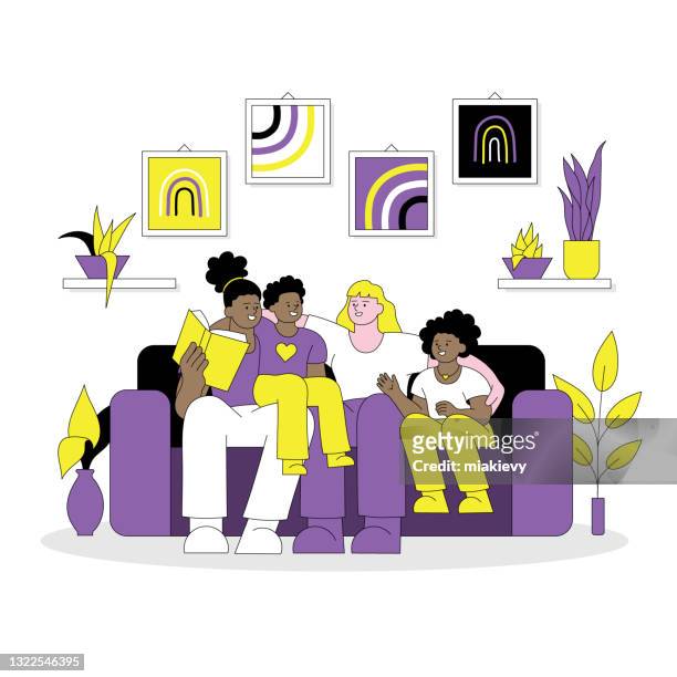 non binary family lgbtqia concept - family on sofa stock illustrations