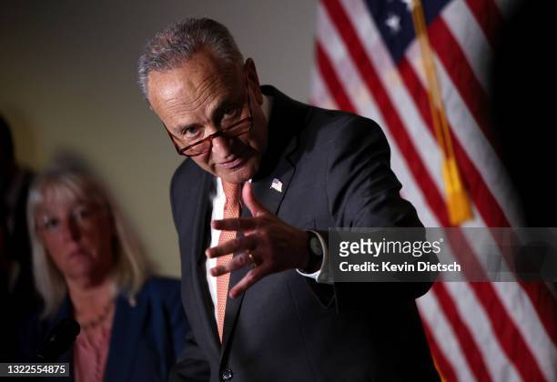 Senate Majority Leader Charles Schumer speaks alongside Sen. Patty Murray at a press conference following a Senate Democratic luncheon on Capitol...