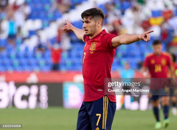 Brahim Diaz of Spain U21 celebrates after scoring their team's second goal during the international friendly match between Spain U21 and Lithuania at...