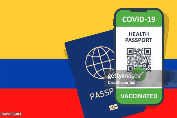 immun health passport zertifikat in smartphone für kolumbien. covid-19 impfdokument. vektor-illustration - boarding pass stock-grafiken, -clipart, -cartoons und -symbole