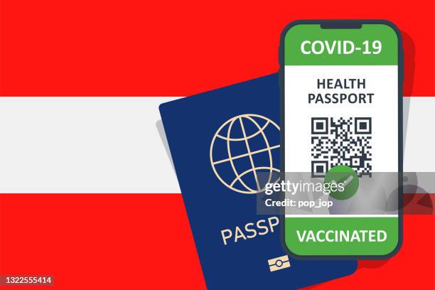 stockillustraties, clipart, cartoons en iconen met immuun gezondheidspaspoortcertificaat in smartphone voor oostenrijk. covid-19 vaccinatiedocument. vectorillustratie - security pass