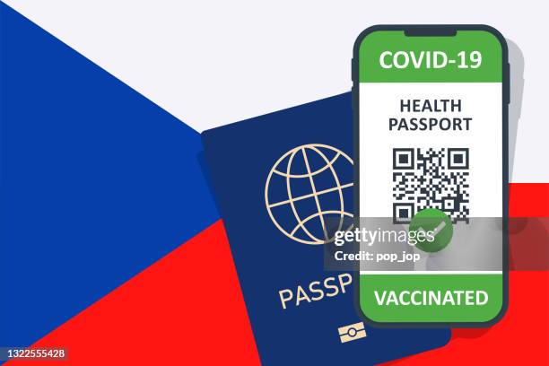 immun health passport zertifikat im smartphone für tschechische republik. covid-19 impfdokument. vektor-illustration - boarding pass stock-grafiken, -clipart, -cartoons und -symbole