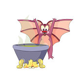 Cute cartoon bat cooking green potion with a caldron on white isolated background, vector happy bat and caldron in Cartoon style, concept of Halloween and Festivals, Animals and Wildlife.