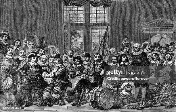 stockillustraties, clipart, cartoons en iconen met banquet of the amsterdam civic guard in celebration of the peace of münster by bartholomeus van der helst - 17th century - 17e eeuw