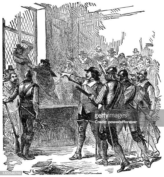 charles i attempting to arrest the five members of the english parliament - 17th century - house of commons stock illustrations