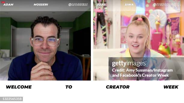 In this screengrab, Adam Mosseri and JoJo Siwa speak during Instagram and Facebook's Creator Week on June 08, 2021 in Los Angeles, California.